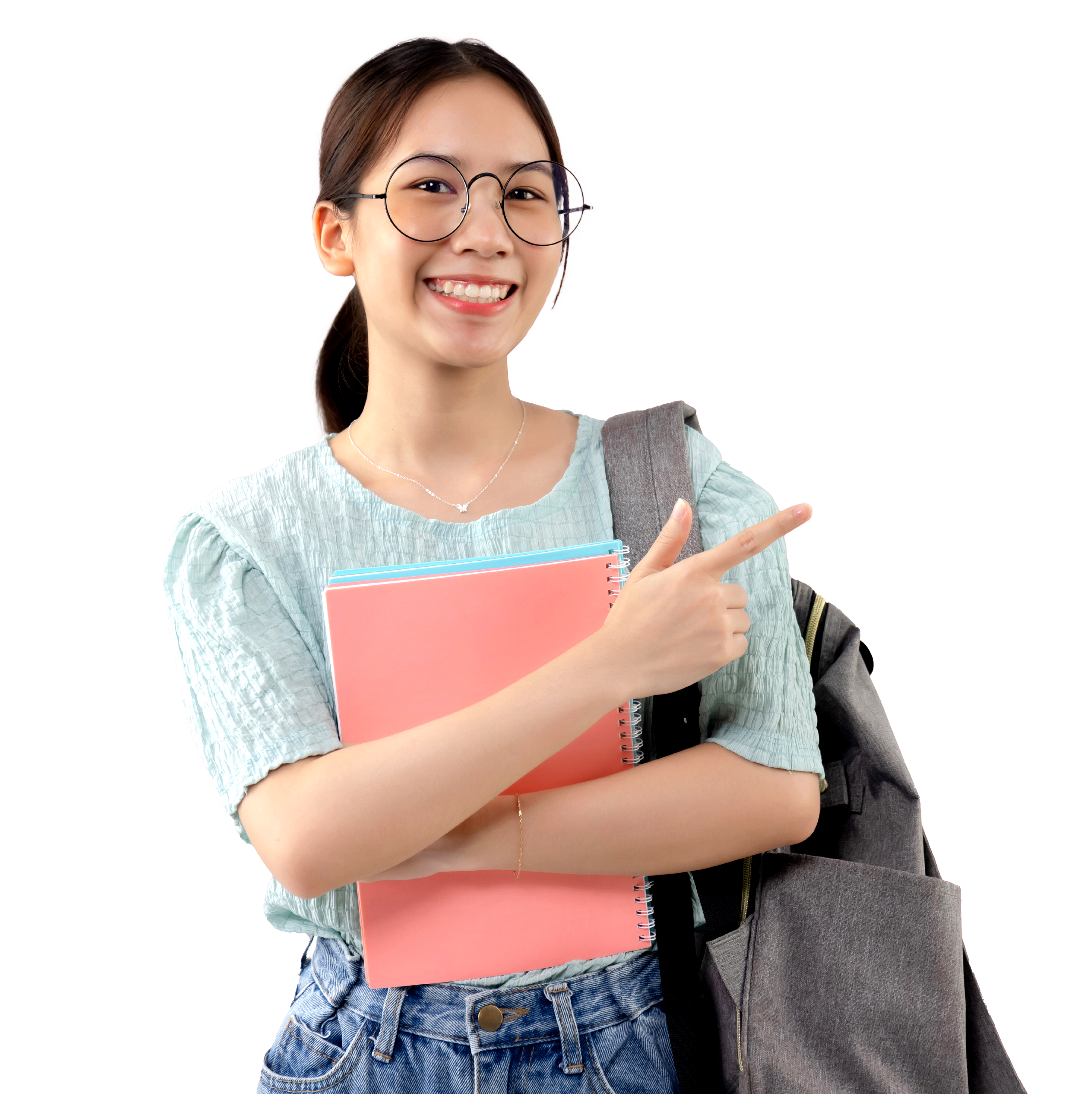 Girl holding books pointing towards review